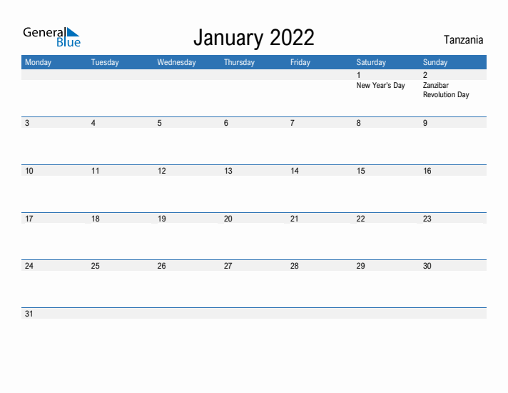 Fillable January 2022 Calendar