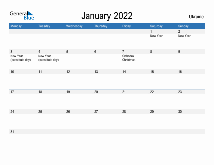 Fillable January 2022 Calendar