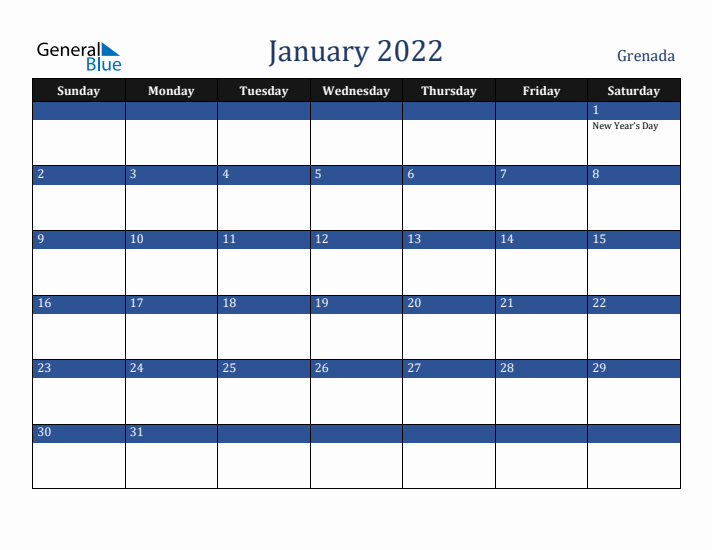 January 2022 Grenada Calendar (Sunday Start)