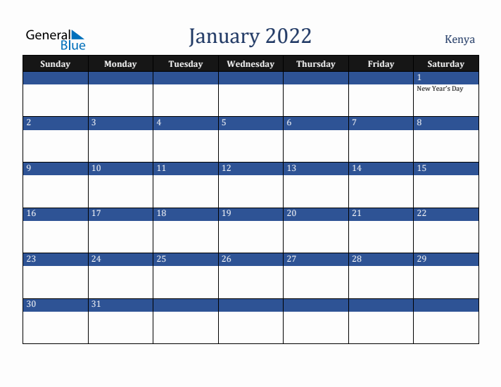 January 2022 Kenya Calendar (Sunday Start)