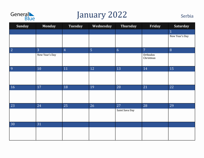 January 2022 Serbia Calendar (Sunday Start)