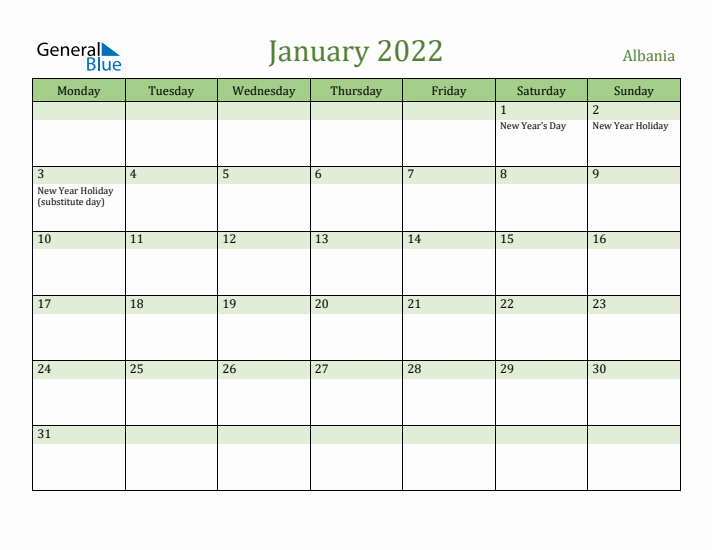 January 2022 Calendar with Albania Holidays