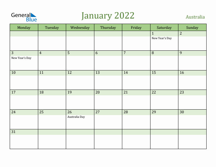 January 2022 Calendar with Australia Holidays