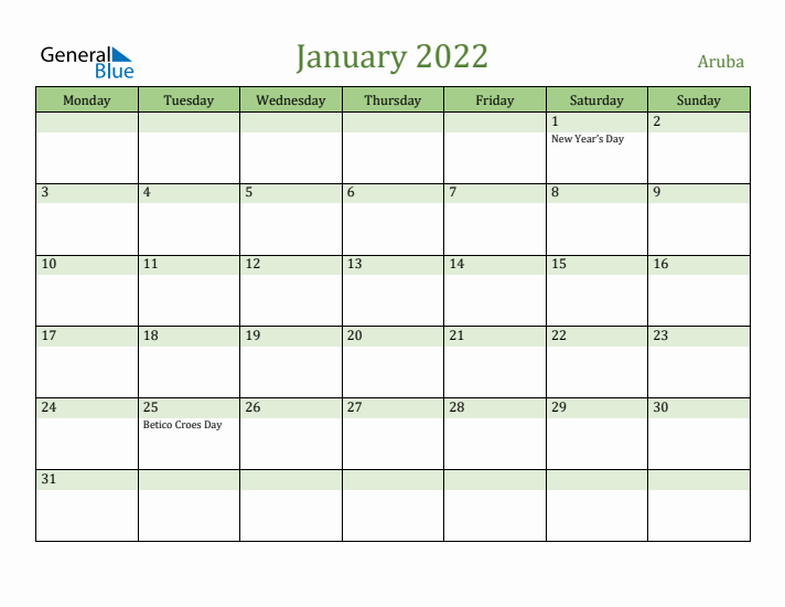 January 2022 Calendar with Aruba Holidays