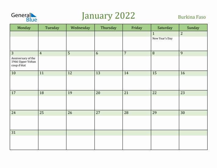 January 2022 Calendar with Burkina Faso Holidays