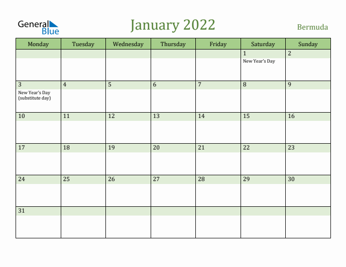 January 2022 Calendar with Bermuda Holidays