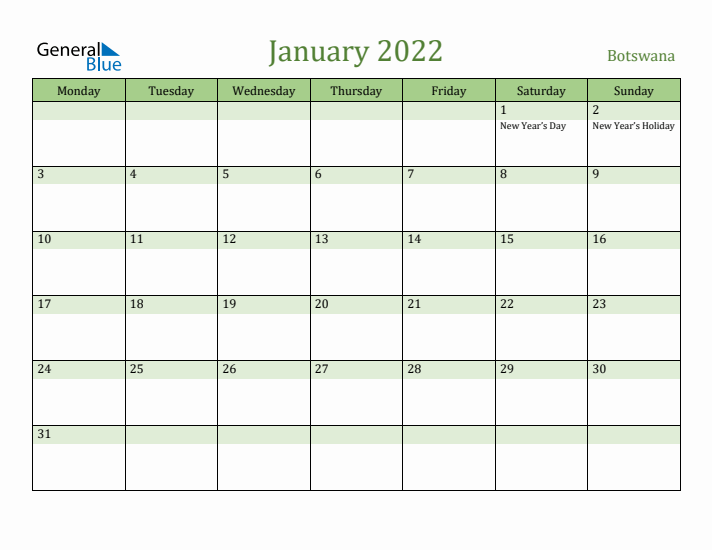 January 2022 Calendar with Botswana Holidays