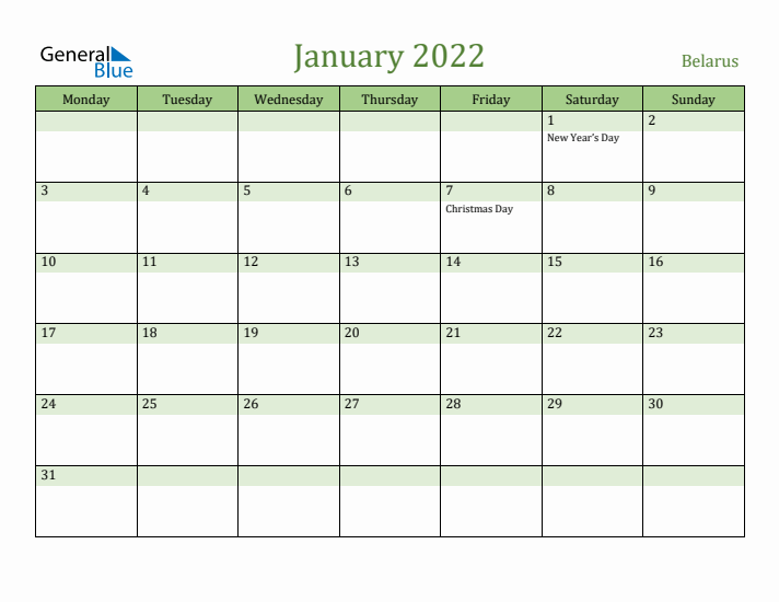 January 2022 Calendar with Belarus Holidays