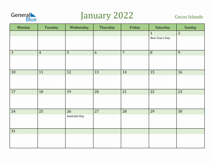 January 2022 Calendar with Cocos Islands Holidays