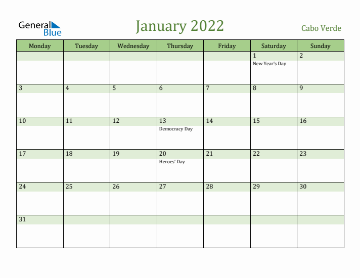 January 2022 Calendar with Cabo Verde Holidays