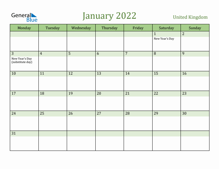 January 2022 Calendar with United Kingdom Holidays