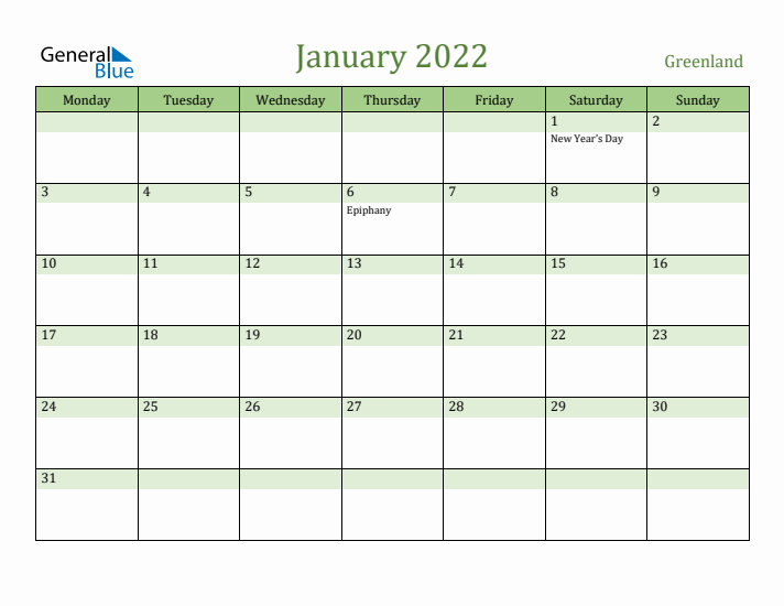 January 2022 Calendar with Greenland Holidays