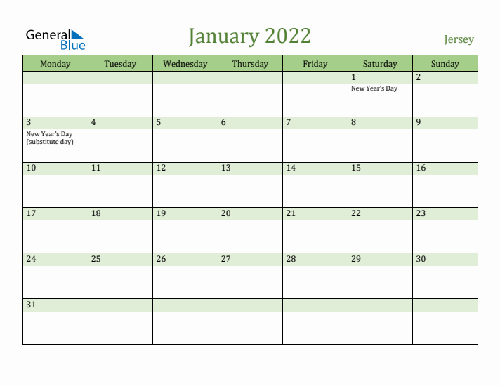 January 2022 Calendar with Jersey Holidays