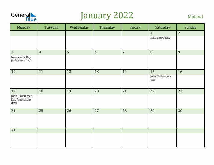 January 2022 Calendar with Malawi Holidays