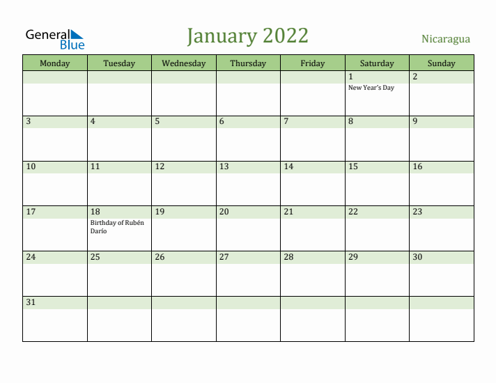 January 2022 Calendar with Nicaragua Holidays