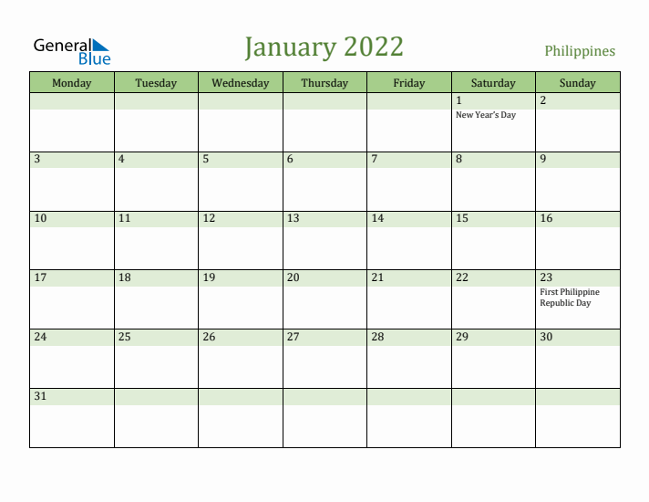 January 2022 Calendar with Philippines Holidays