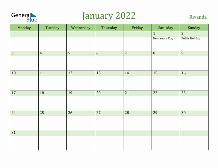 January 2022 Calendar with Rwanda Holidays