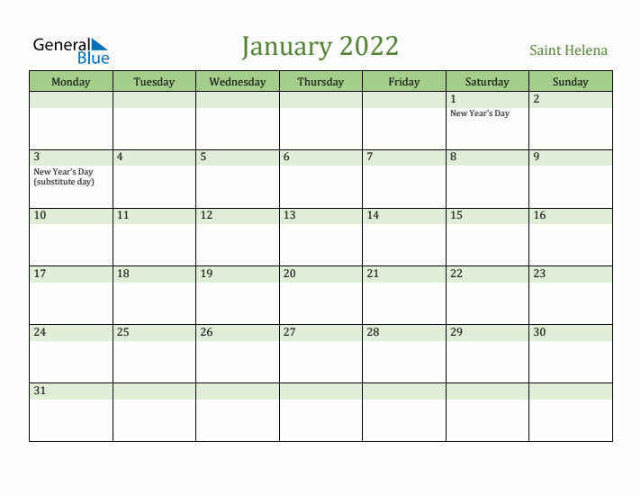 January 2022 Calendar with Saint Helena Holidays