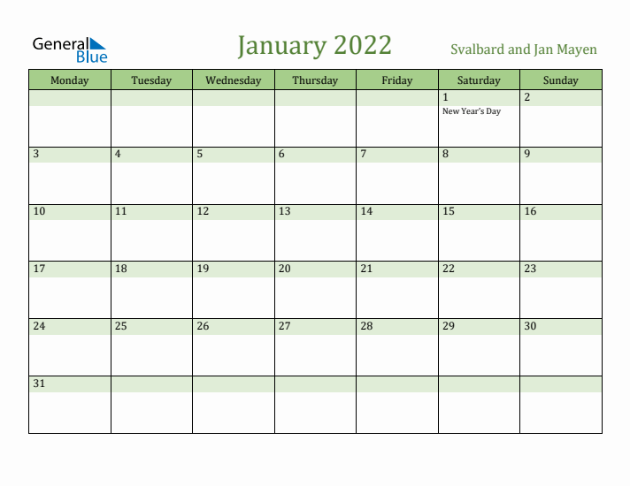 January 2022 Calendar with Svalbard and Jan Mayen Holidays