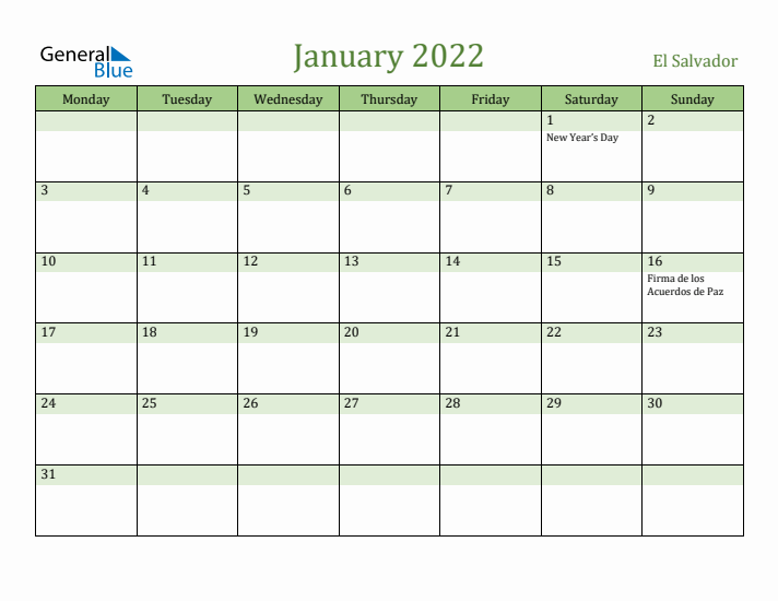 January 2022 Calendar with El Salvador Holidays