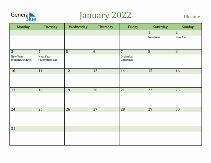 January 2022 Calendar with Ukraine Holidays