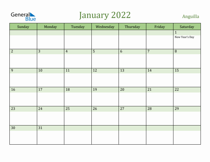 January 2022 Calendar with Anguilla Holidays