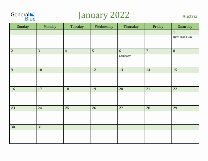 January 2022 Calendar with Austria Holidays