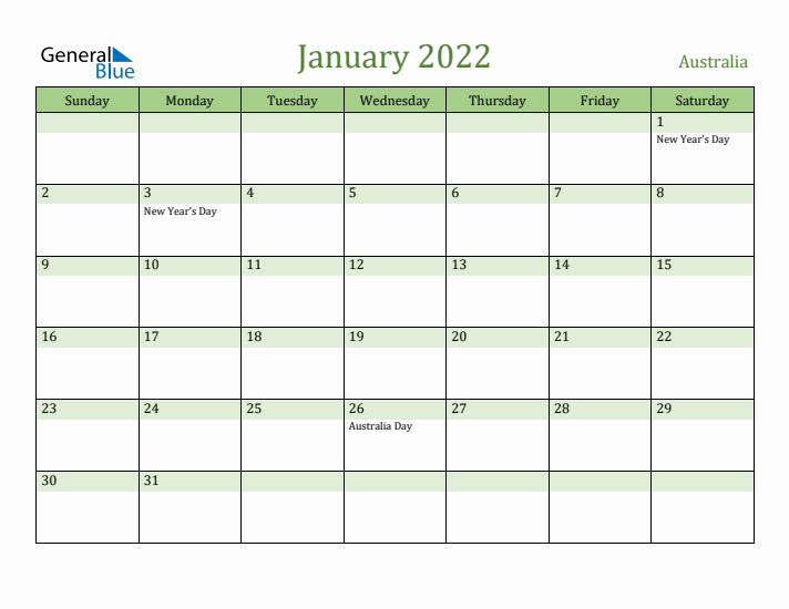 January 2022 Calendar with Australia Holidays