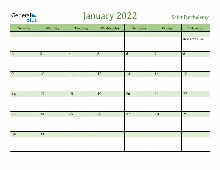 January 2022 Calendar with Saint Barthelemy Holidays