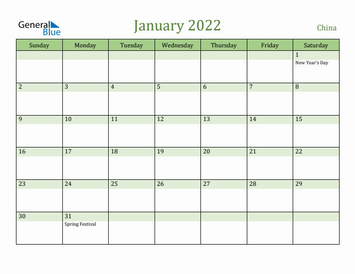 January 2022 Calendar with China Holidays