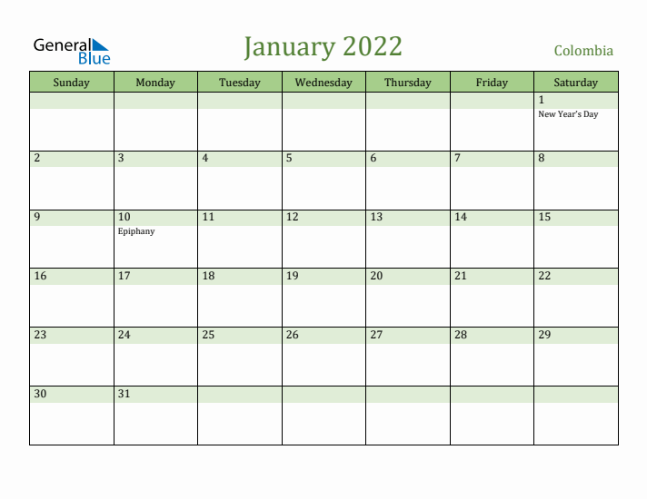 January 2022 Calendar with Colombia Holidays