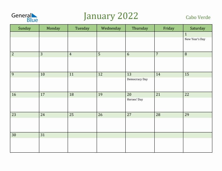 January 2022 Calendar with Cabo Verde Holidays