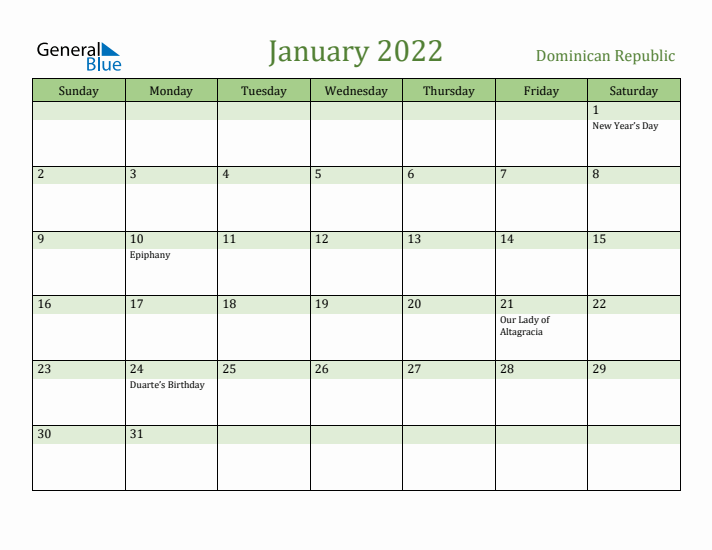 January 2022 Calendar with Dominican Republic Holidays