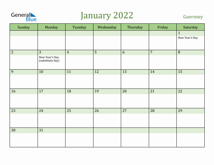 January 2022 Calendar with Guernsey Holidays