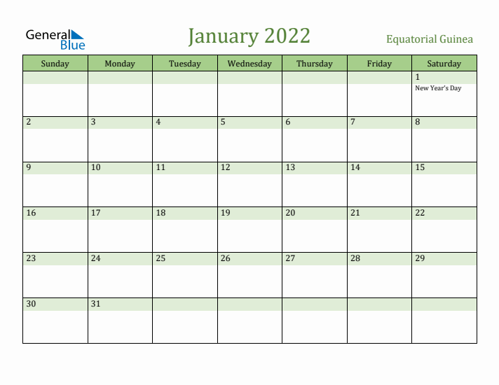 January 2022 Calendar with Equatorial Guinea Holidays