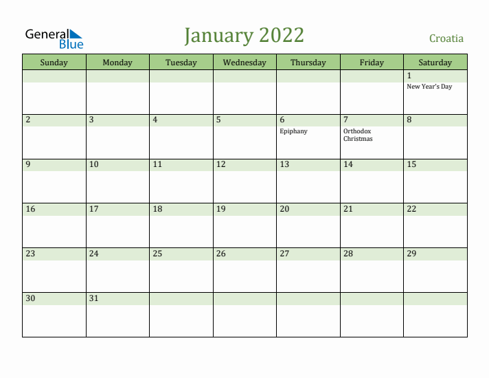 January 2022 Calendar with Croatia Holidays