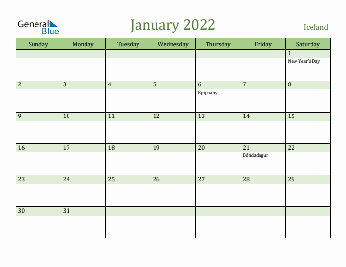 January 2022 Calendar with Iceland Holidays