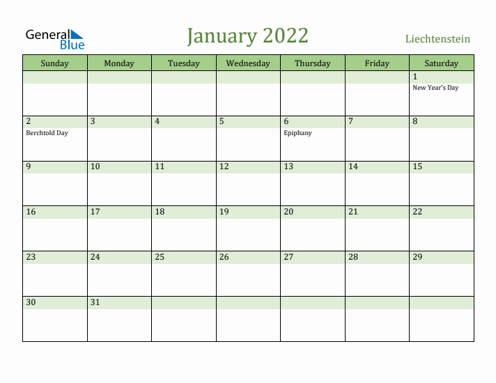 January 2022 Calendar with Liechtenstein Holidays