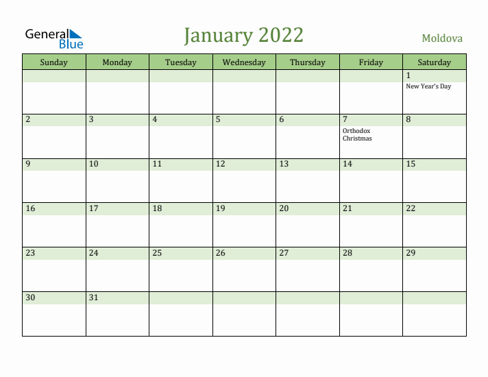 January 2022 Calendar with Moldova Holidays