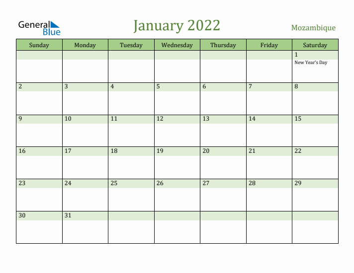 January 2022 Calendar with Mozambique Holidays