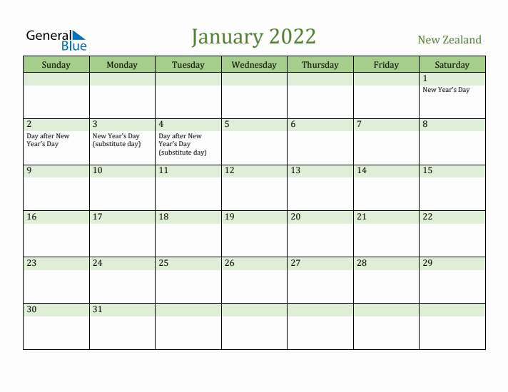 January 2022 Calendar with New Zealand Holidays