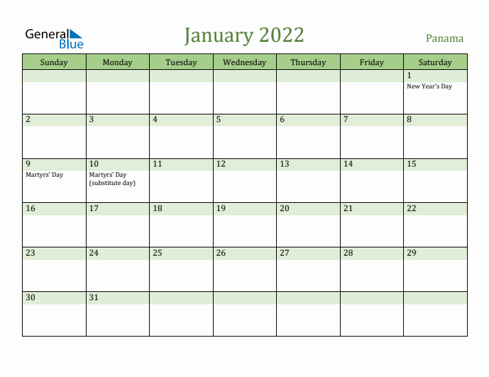 January 2022 Calendar with Panama Holidays