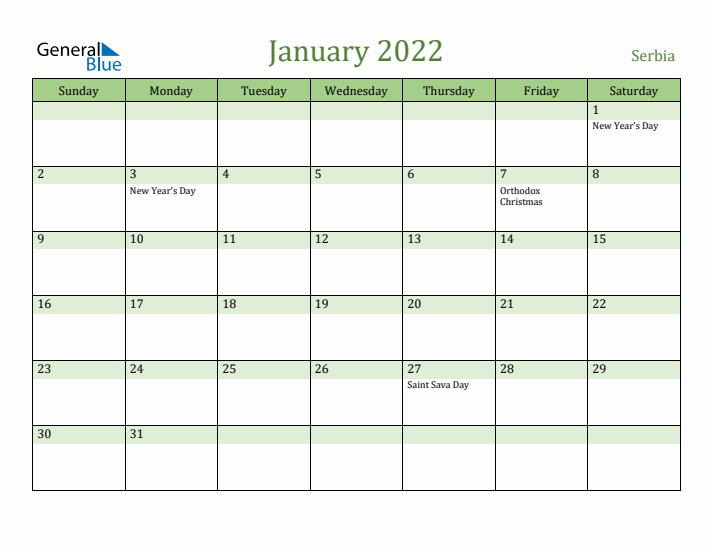 January 2022 Calendar with Serbia Holidays