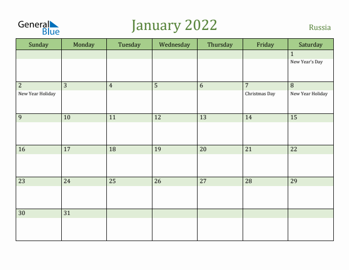 January 2022 Calendar with Russia Holidays