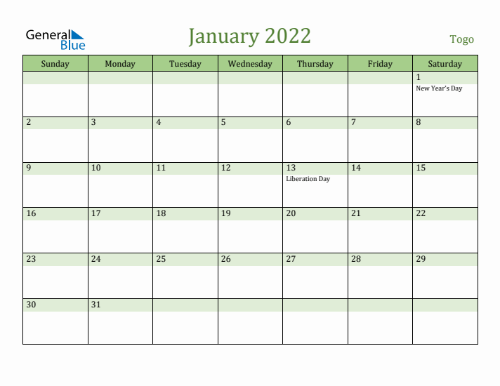 January 2022 Calendar with Togo Holidays