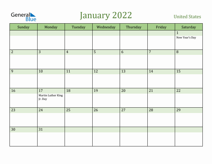 January 2022 Calendar with United States Holidays