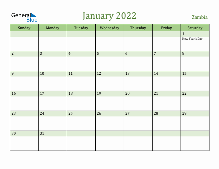 January 2022 Calendar with Zambia Holidays