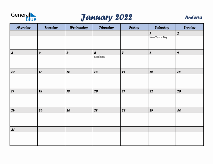 January 2022 Calendar with Holidays in Andorra