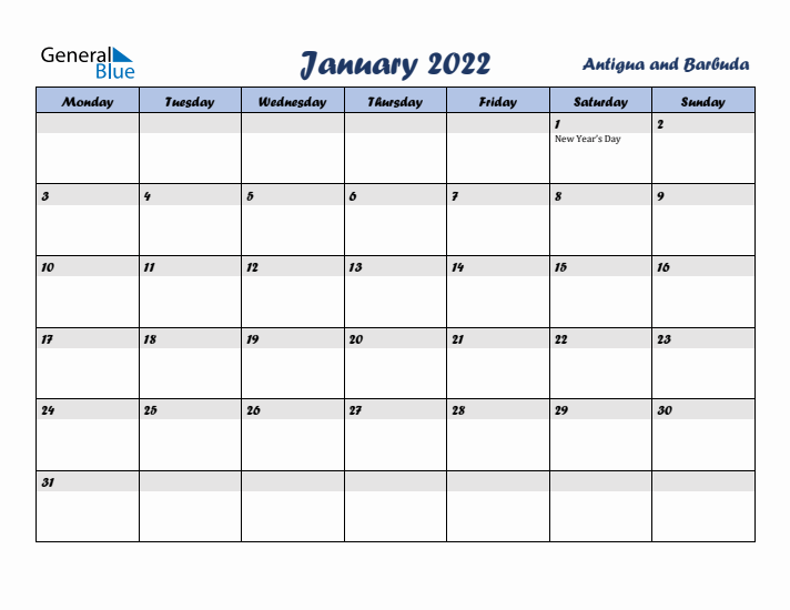 January 2022 Calendar with Holidays in Antigua and Barbuda