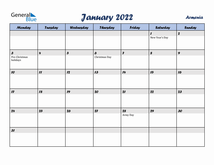 January 2022 Calendar with Holidays in Armenia